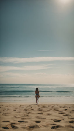 A girl in a swimsuit stands on the sand and looks at the sea.の素材