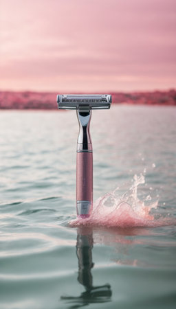 Shaving razor on the surface of the water. Selective focusの素材