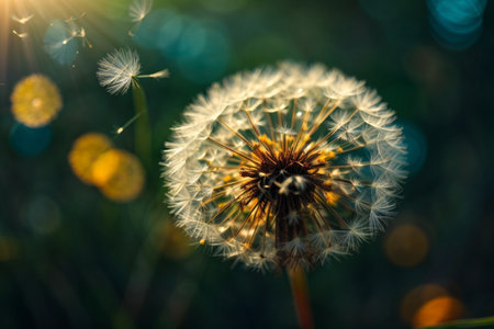 Dandelion on a green meadow at sunset. Soft focus.の素材