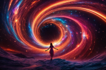 3D illustration of a girl in a pink dress standing in a surreal space.の素材