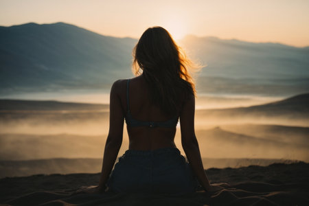 Young woman sitting on the sand and looking at the sunrise in the mountainsの素材