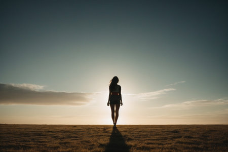 Young woman in the field at sunset. Rear view of a girl walking towards the sun.の素材