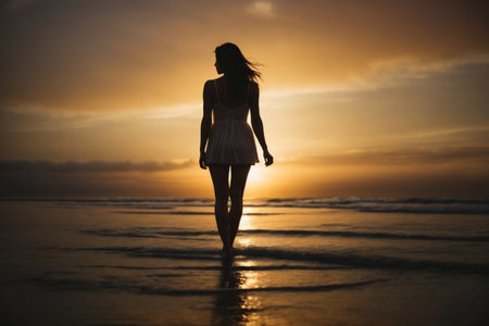 Silhouette of beautiful woman walking on the beach at sunset.の素材