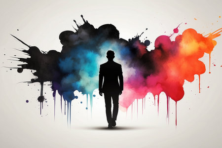 Silhouette of businessman standing with colorful paint splashes on gray backgroundの素材
