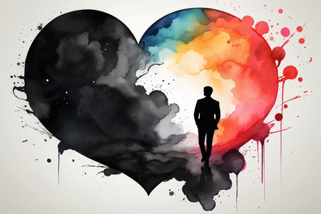 Silhouette of a woman in front of watercolor heart.の素材