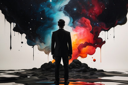 Back view of young businessman looking at abstract colorful paint splashes on waterの素材