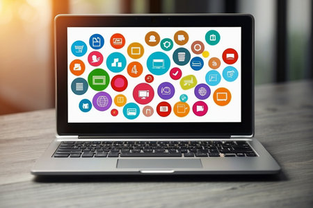 Laptop with application icons on screen. Technology and communication concept.の素材