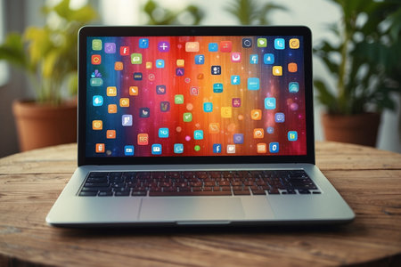 Laptop with colorful application icons on the screen. Technology concept.の素材