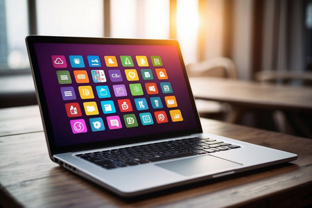 Multimedia apps icons on laptop screen. Technology and communication concept.の素材
