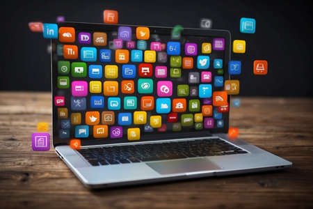 Laptop with colorful application icons flying out of screen on wooden tableの素材