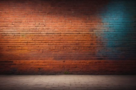 Brick wall with bright blue and red paint. Brick wall backgroundの素材