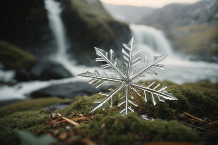Snowflake on the background of a waterfall in the mountains. Winter conceptの素材