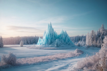 Winter landscape with snowy forest and blue sky. 3d rendering.の素材