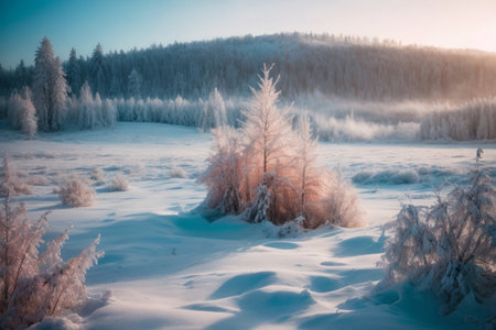 Winter landscape. Frosty morning in the forest. Beautiful winter landscape.の素材