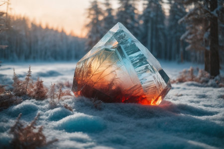Ice cube in the forest at sunset. The concept of environmental conservation.の素材