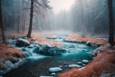 Beautiful winter landscape with a river in the forest and snowy treesの素材