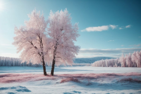 Trees covered with hoarfrost on a sunny winter day.の素材