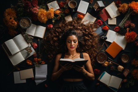 Top view of a beautiful young woman lying on the floor with books and flowersの素材