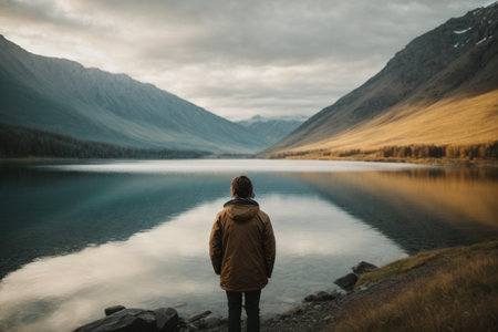 A young man in a yellow jacket stands on the shore of a lake and looks at the mountainsの素材