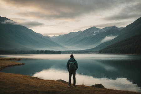Hike to the picturesque lake in the Altai mountains.の素材