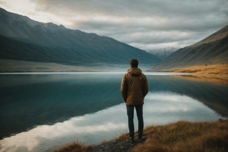 Lonely man looking at a lake in Glenorchy, New Zealandの素材