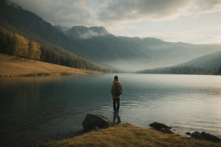 A man standing on the edge of a mountain lake and looking at the mountainsの素材