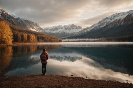 A girl stands on the shore of a mountain lake and looks at the mountainsの素材