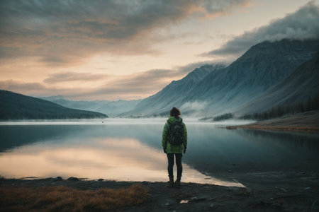 Woman standing on the bank of a mountain lake at sunset, Icelandの素材