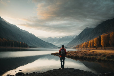A man with a backpack standing on the bank of a mountain lake. Autumn landscape.の素材