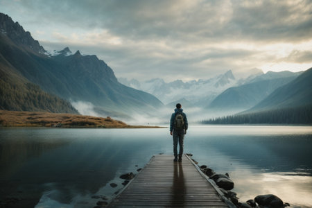 A man stands on a wooden pier and looks at the mountain lake.の素材