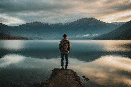 A man standing on the edge of a mountain lake and looking at the sunsetの素材