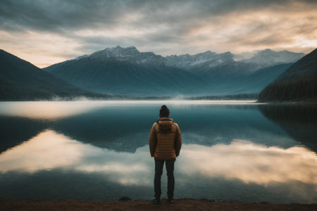 A young man in a yellow jacket standing on the shore of a mountain lake and looking into the distance.の素材