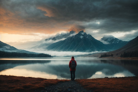 Hike to the lake. A man in a red jacket stands on the shore of a mountain lake and admires the sunset.の素材
