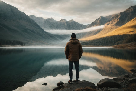 Man standing on the edge of a mountain lake looking at the mountainsの素材