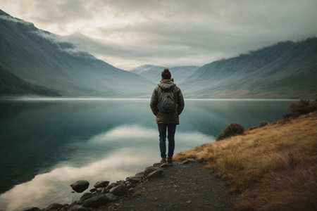 Man standing on the edge of a mountain lake and looking into the distanceの素材