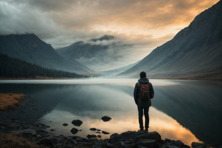 Man standing on the bank of a mountain lake and watching the sunriseの素材