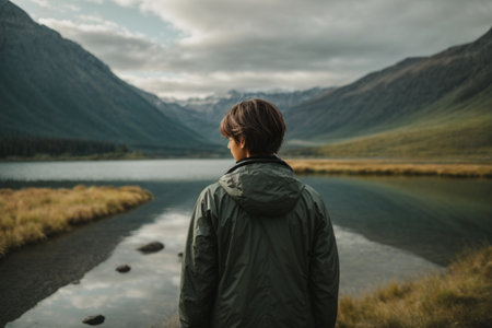 A young man stands in front of a mountain lake and looks into the distanceの素材