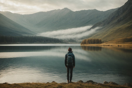 Hike in the mountains. A man with a backpack stands on the shore of a mountain lakeの素材