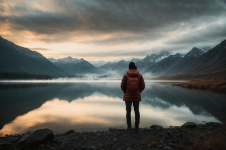 A young woman in a red jacket stands on the shore of a mountain lake.の素材