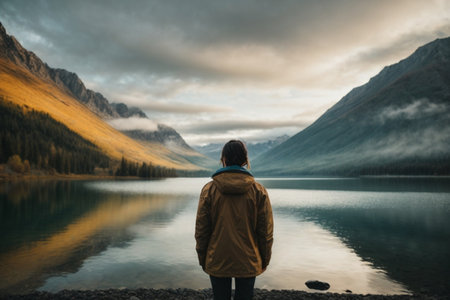 A young woman in a yellow jacket stands on the shore of a mountain lake and enjoys the beauty of the landscape.の素材