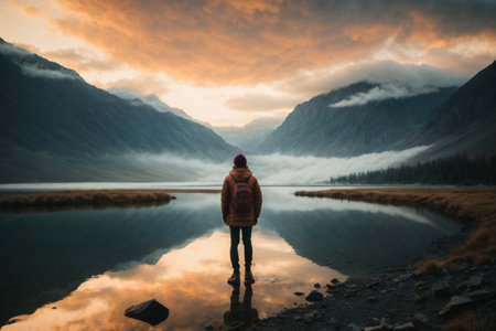 Woman looking at a lake in the mountains. The girl is standing in the middle of the lake.の素材