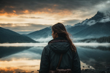 A young woman with a backpack stands on the shore of a mountain lake and looks at the sunset.の素材