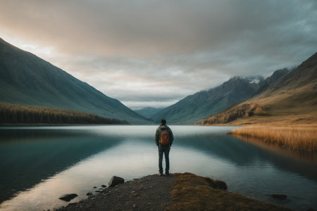 Lonely man standing on the shore of a mountain lake.の素材