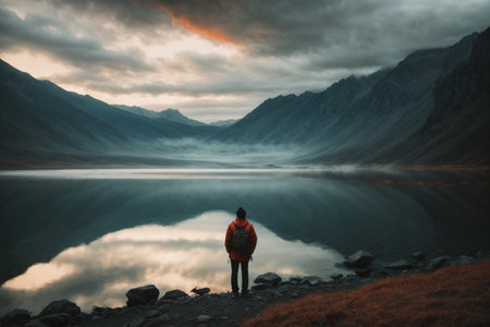 A man in a red jacket stands on the shore of a mountain lake and looks at the sunsetの素材