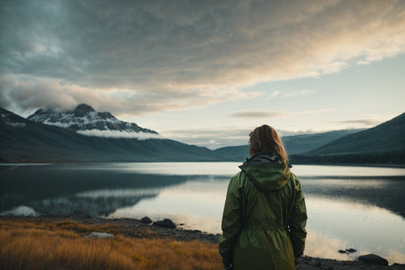 Woman in a green jacket standing by the lake at sunset, Icelandの素材