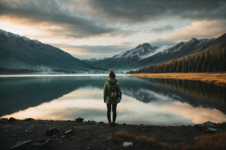 A girl with a backpack stands on the shore of a mountain lake.の素材