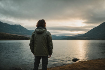 Handsome young man standing on the shore of a mountain lake and looking at the sunsetの素材