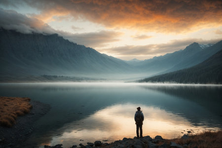 Man standing on the edge of a mountain lake and looking at the sunsetの素材