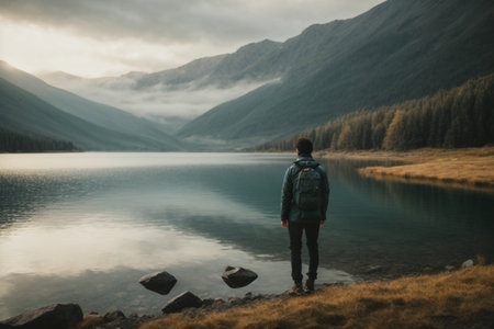 Man with a backpack standing at the edge of a mountain lake.の素材