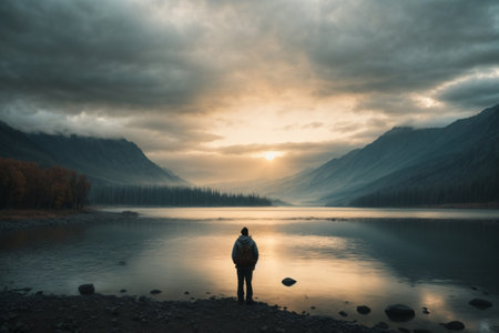 Man standing in front of a mountain lake and looking at the sunsetの素材